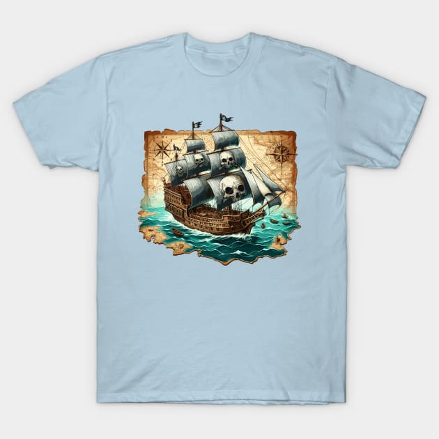 Pirate Ship, Sailing On A Treasure Map T-Shirt by Vehicles-Art